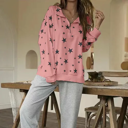 Long Sleeve Sweatshirt Stars Print Loose Hoodie Tops