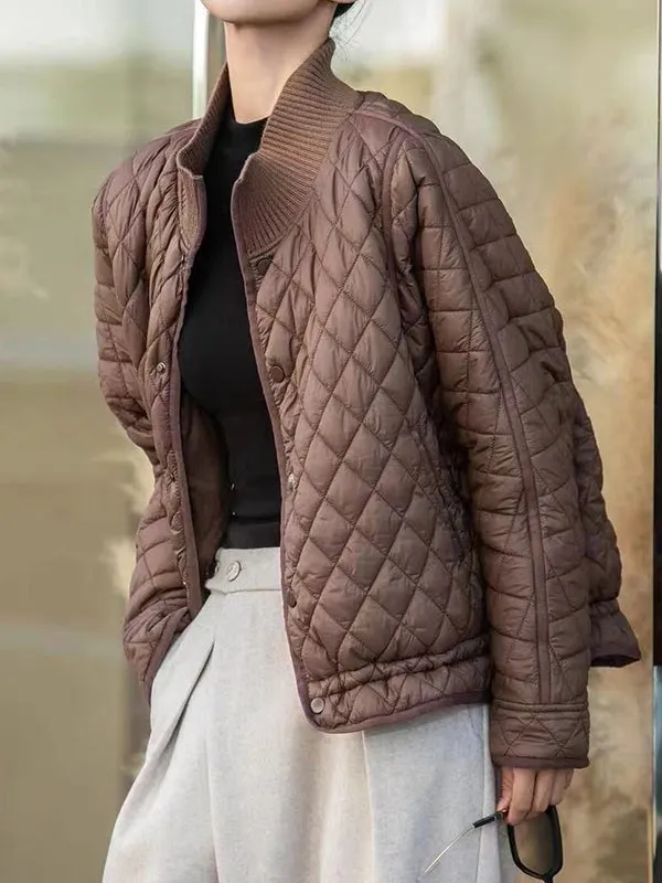 Long Sleeves Loose Quilted Solid Color Split-Joint Zipper Stand Collar Padded Coat