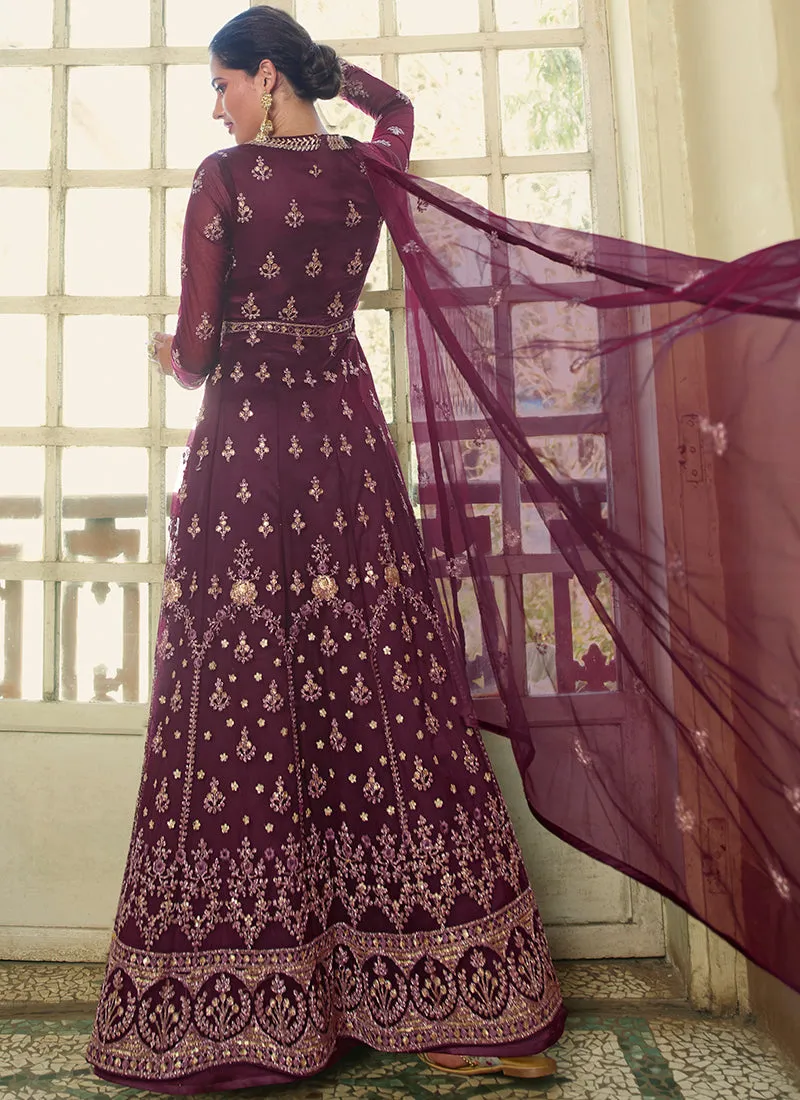 Maroon Embroidery Slit Style Wedding Anarkali Suit