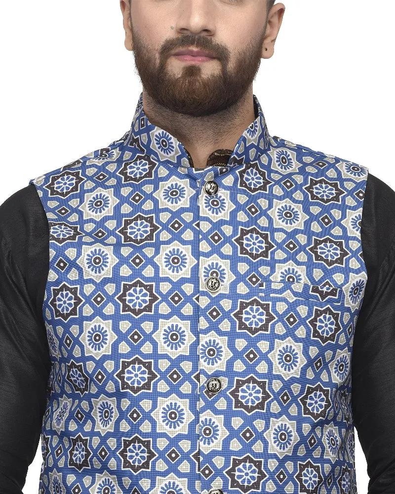 Men's Black Kurta With Dhoti & Blue Printed Nehru Jacket - Benstoke