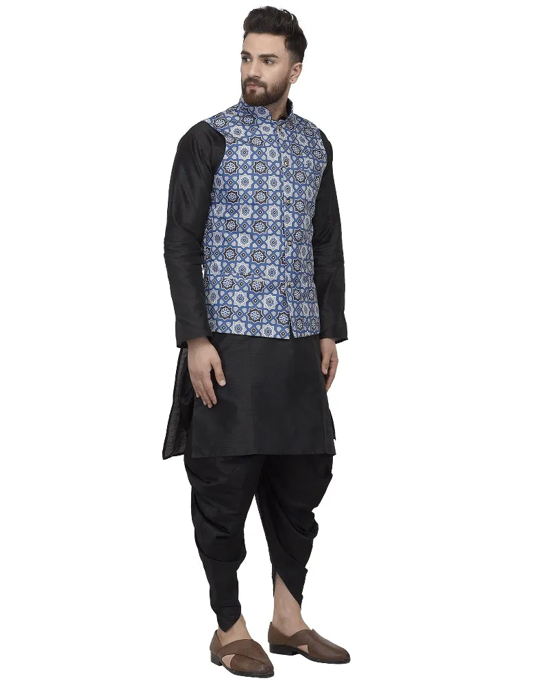 Men's Black Kurta With Dhoti & Blue Printed Nehru Jacket - Benstoke