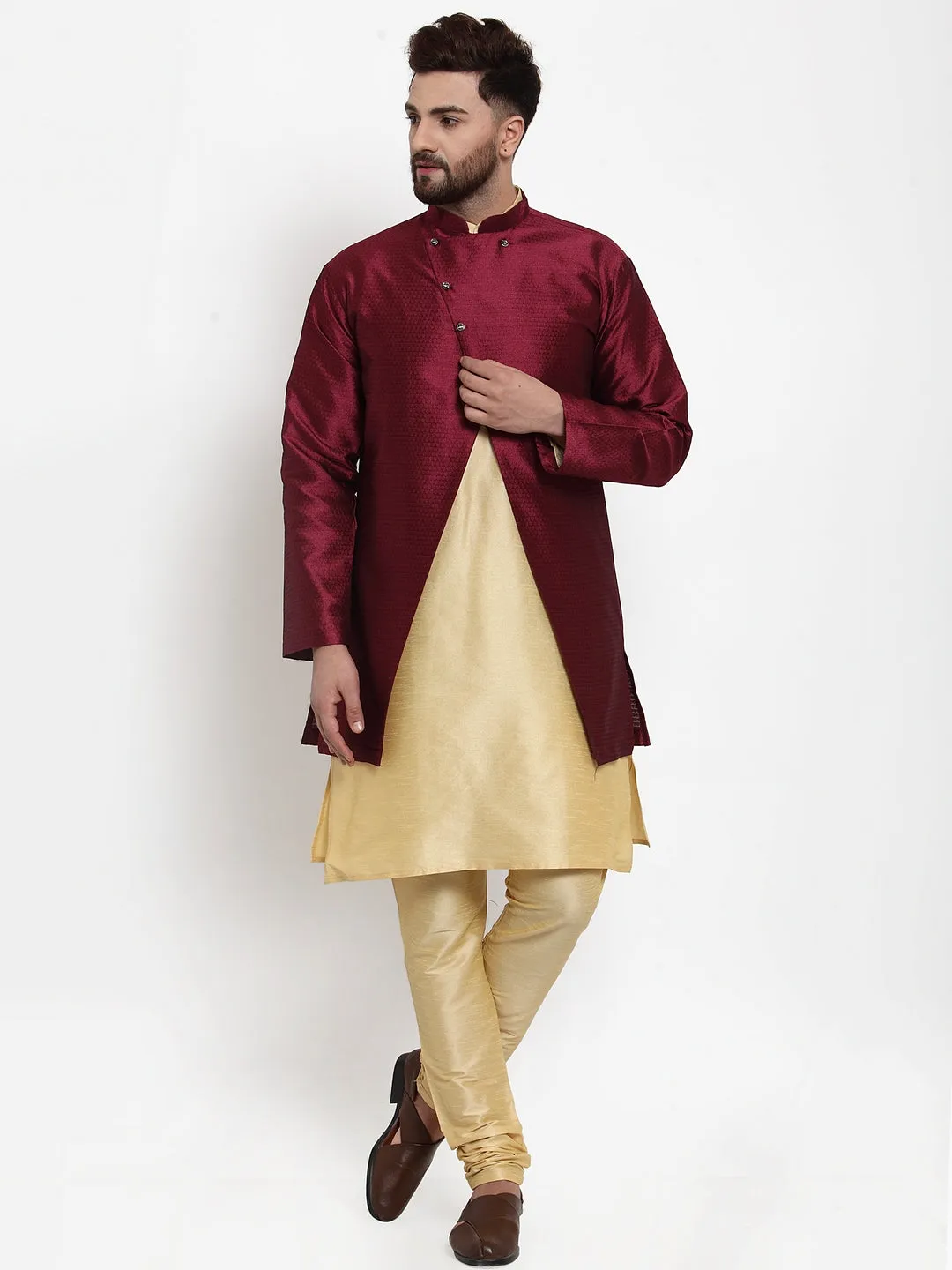 Men's Gold Kurta With Pyjama & Wine Self Design Jacket - Benstoke