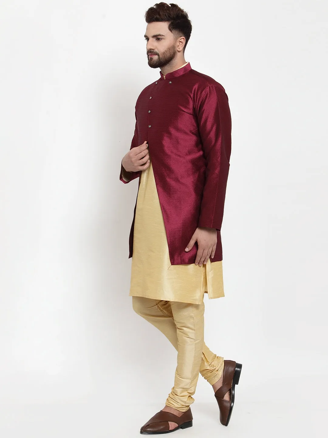 Men's Gold Kurta With Pyjama & Wine Self Design Jacket - Benstoke