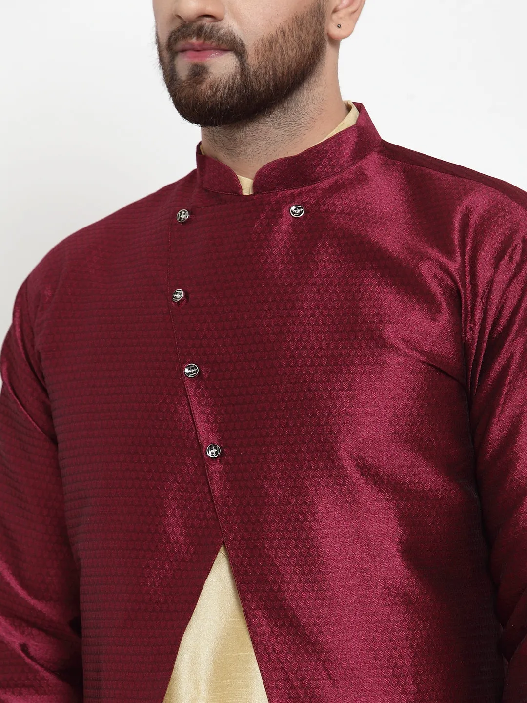 Men's Gold Kurta With Pyjama & Wine Self Design Jacket - Benstoke