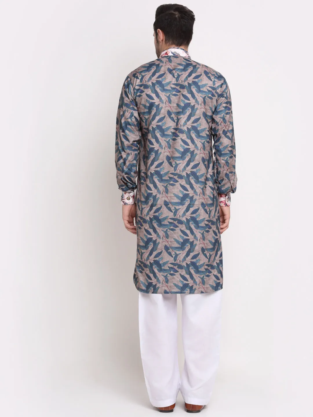 Men's Grey & Blue Printed Kurta With White Pyjamas Set - Benstoke