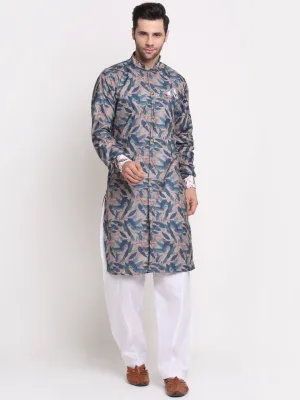 Men's Grey & Blue Printed Kurta With White Pyjamas Set - Benstoke