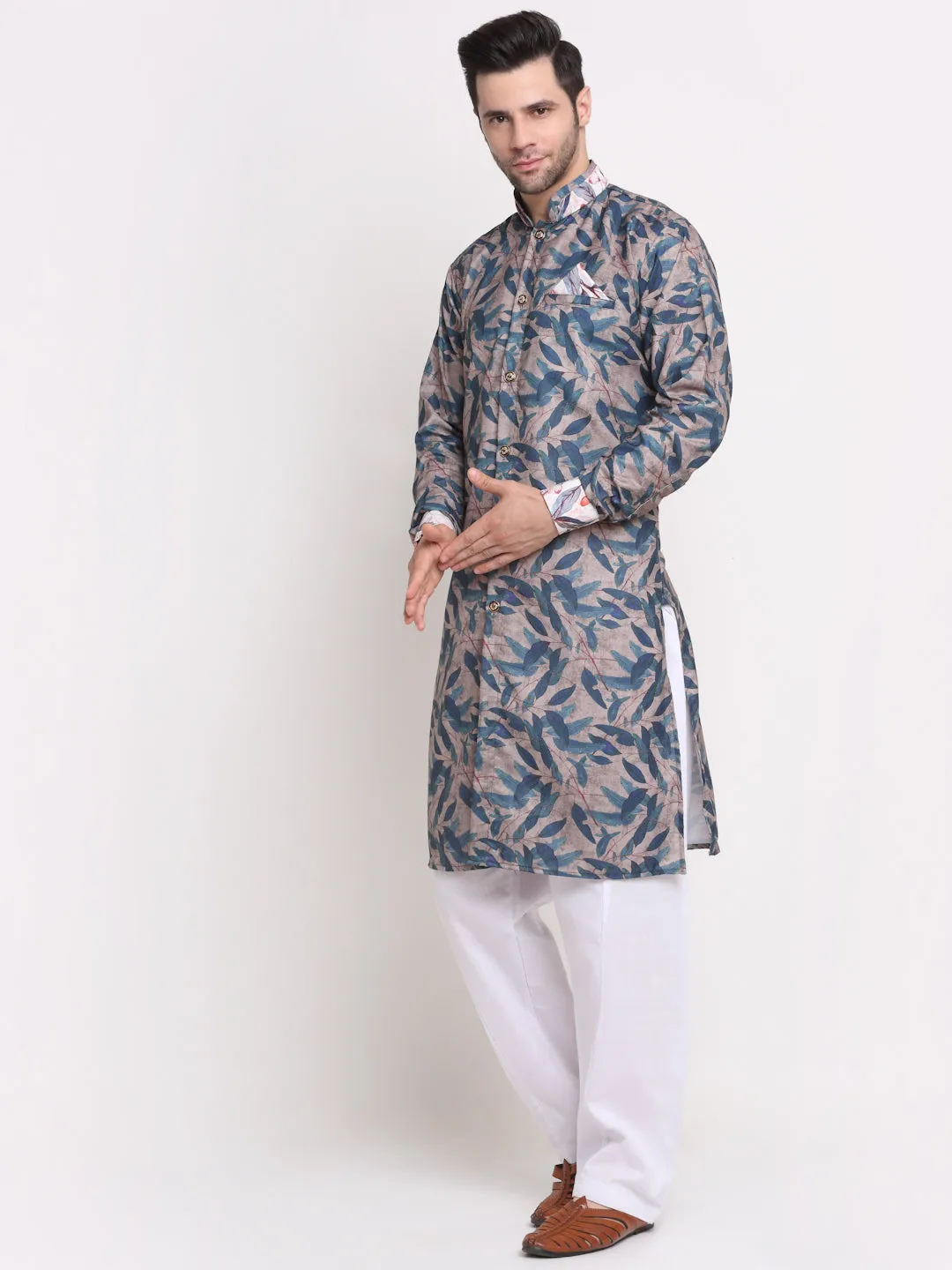 Men's Grey & Blue Printed Kurta With White Pyjamas Set - Benstoke