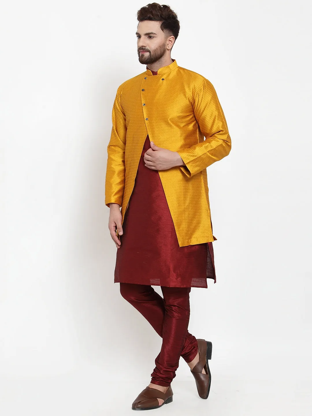 Men's Maroon Kurta With Pyjama & Mustard Self Design Jacket - Benstoke