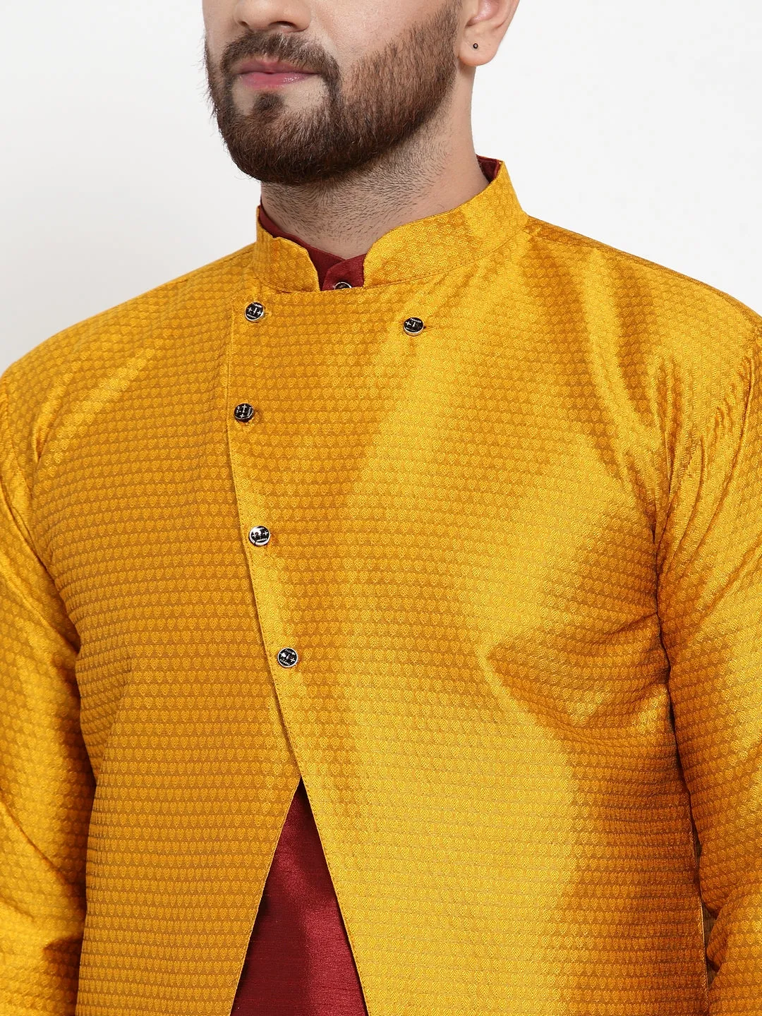 Men's Maroon Kurta With Pyjama & Mustard Self Design Jacket - Benstoke