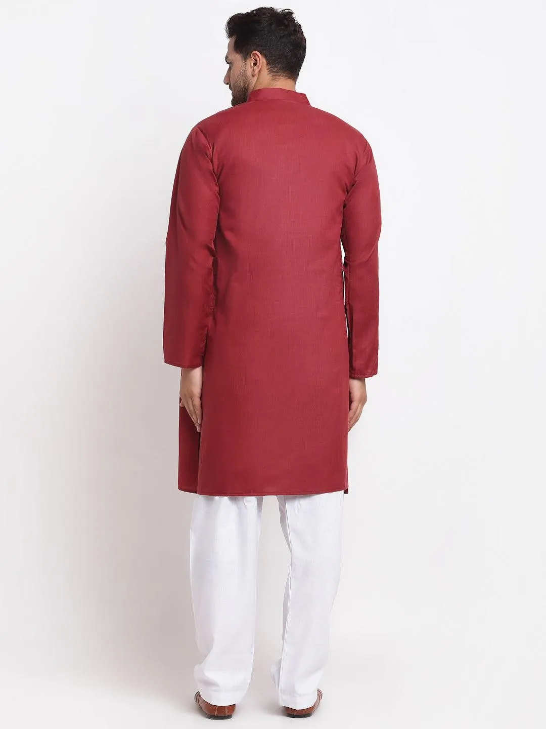 Men's Maroon Solid Pathani Kurta With White Salwar - Benstoke