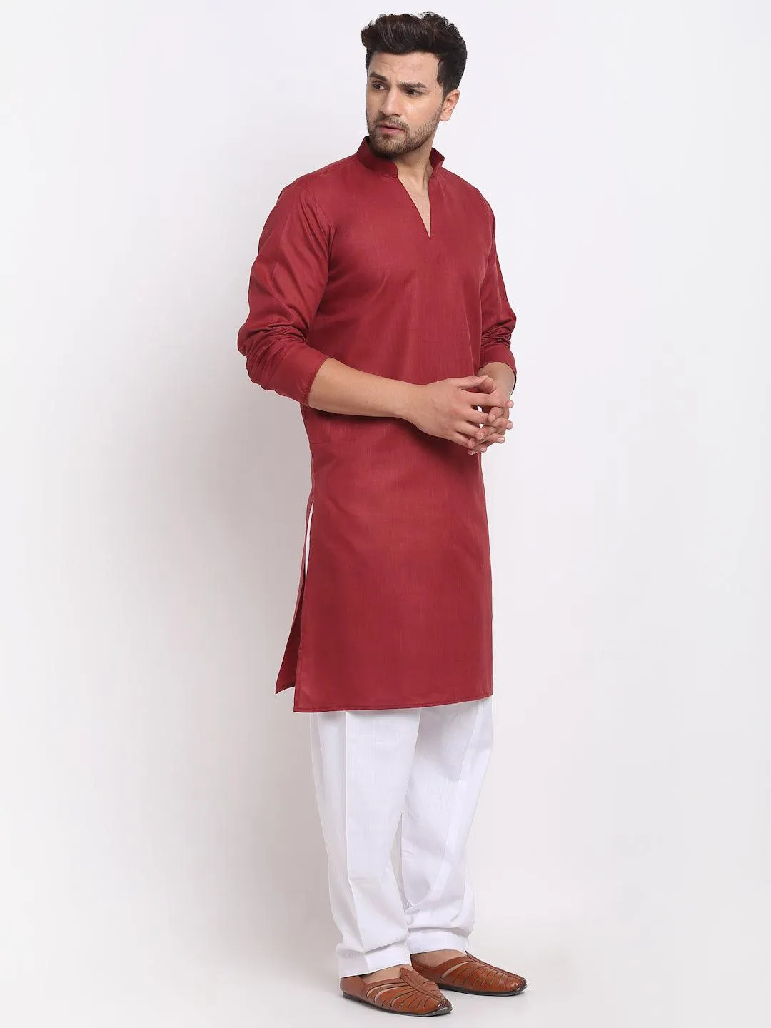 Men's Maroon Solid Pathani Kurta With White Salwar - Benstoke