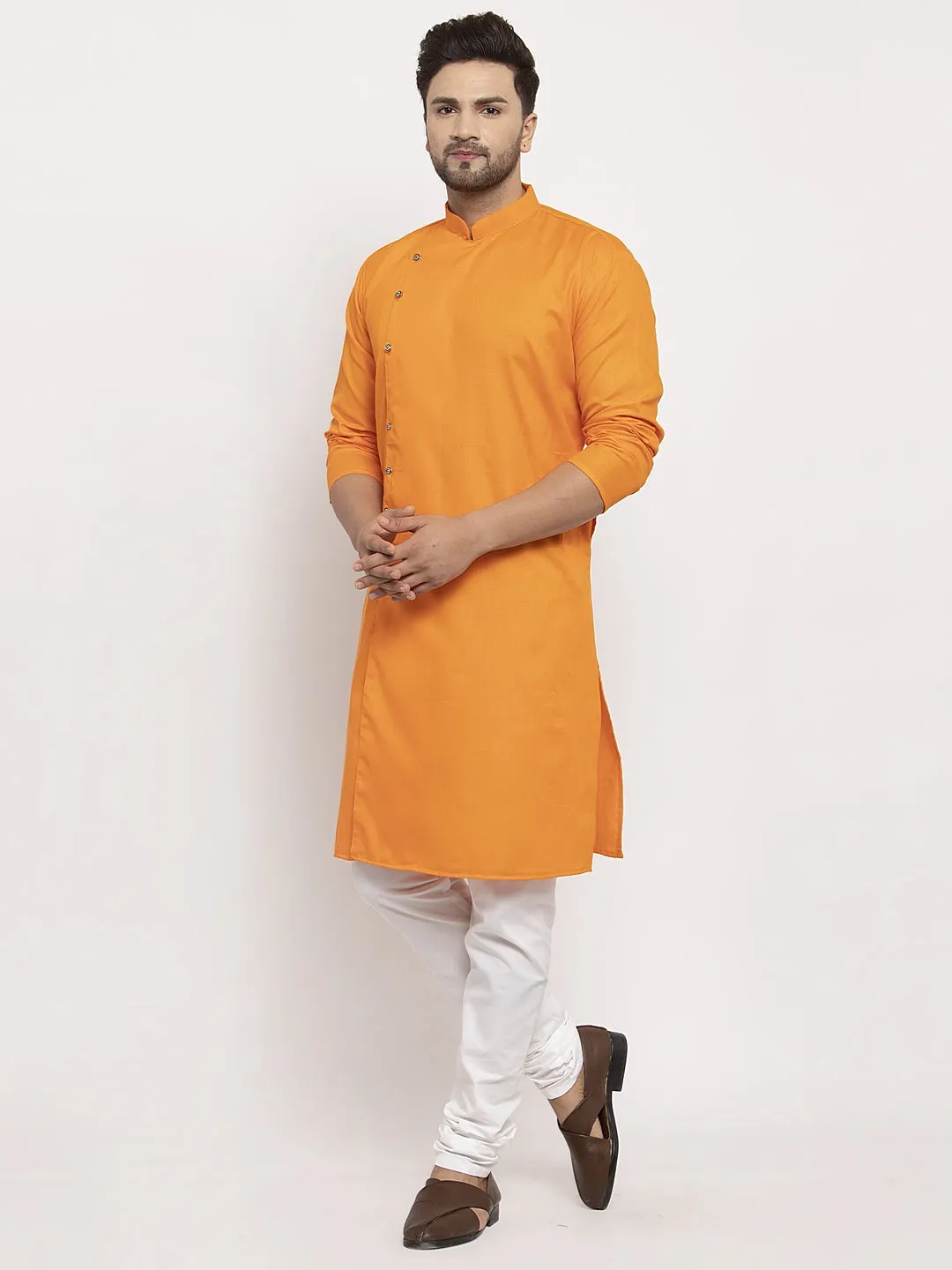 Men's Orange Solid Kurta With White Churidaar Pyjama - Benstoke