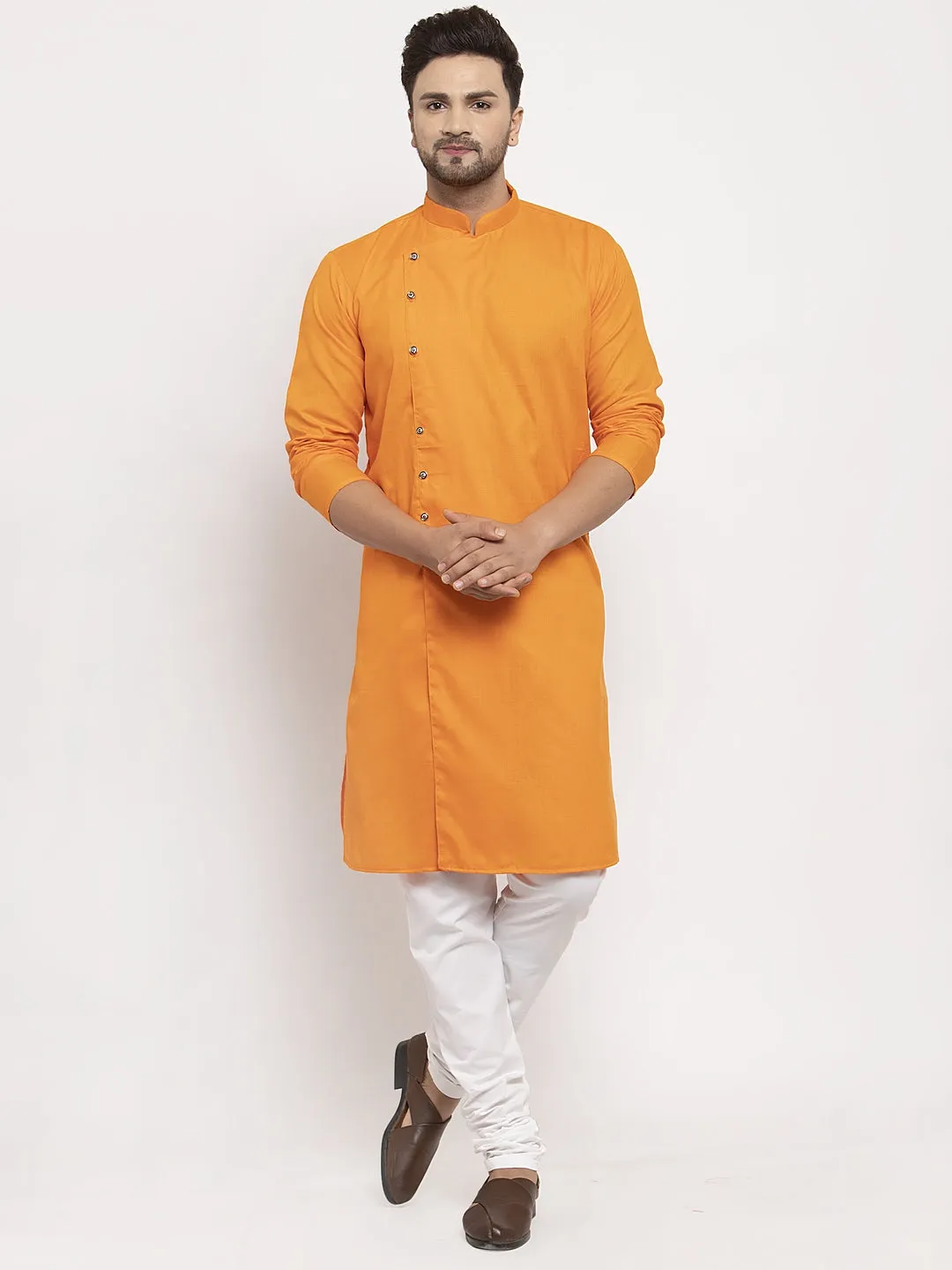 Men's Orange Solid Kurta With White Churidaar Pyjama - Benstoke