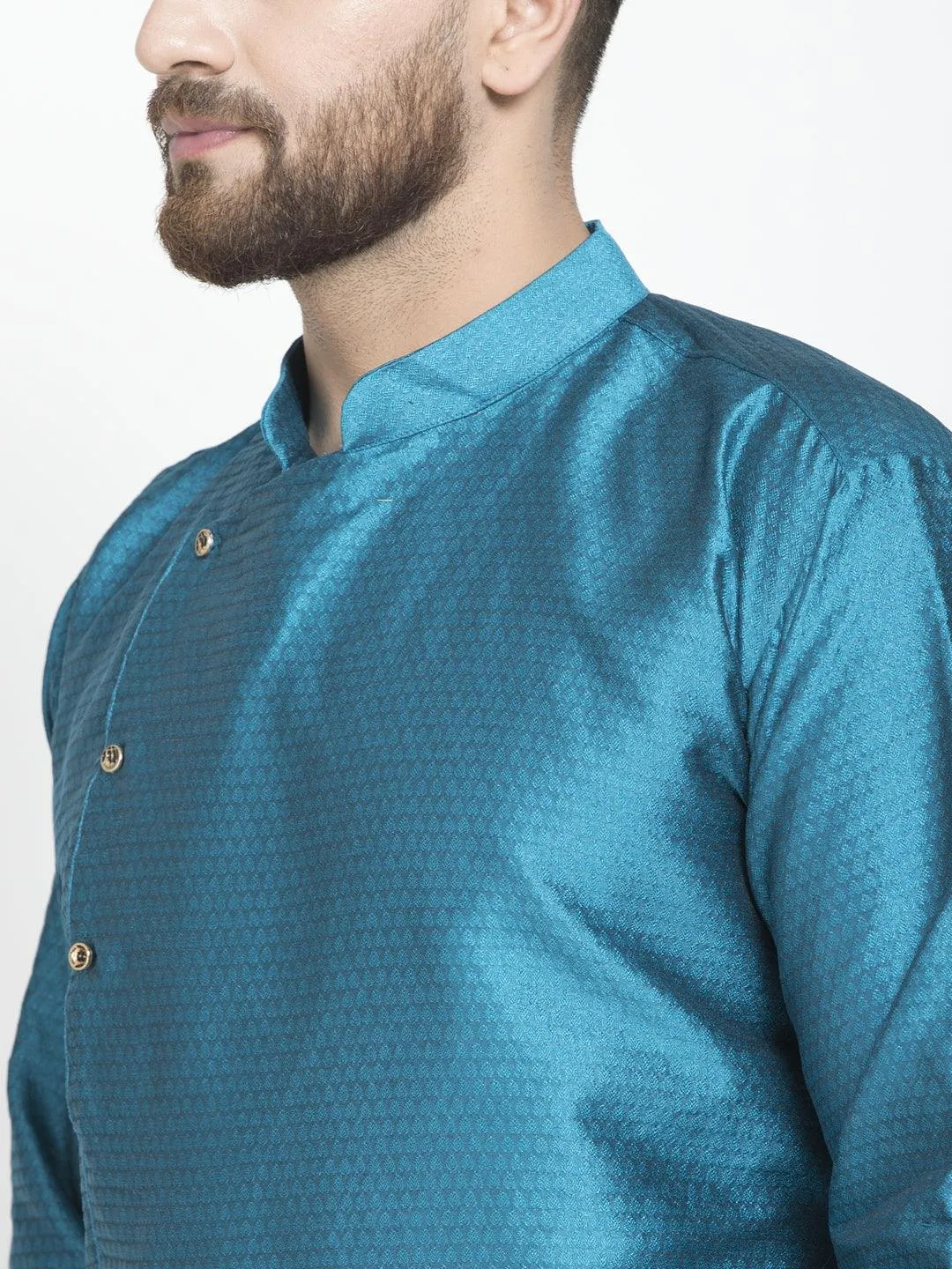 Men's Peacock Blue Self Design Kurta With White Churidaar Pyjama - Benstoke