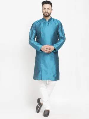 Men's Peacock Blue Self Design Kurta With White Churidaar Pyjama - Benstoke