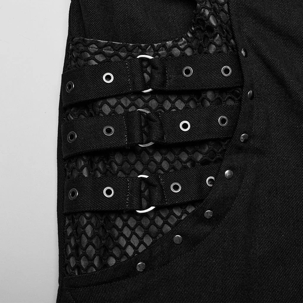 Men's Punk Rock Mesh Splice Eyelet Straps Flared Pants