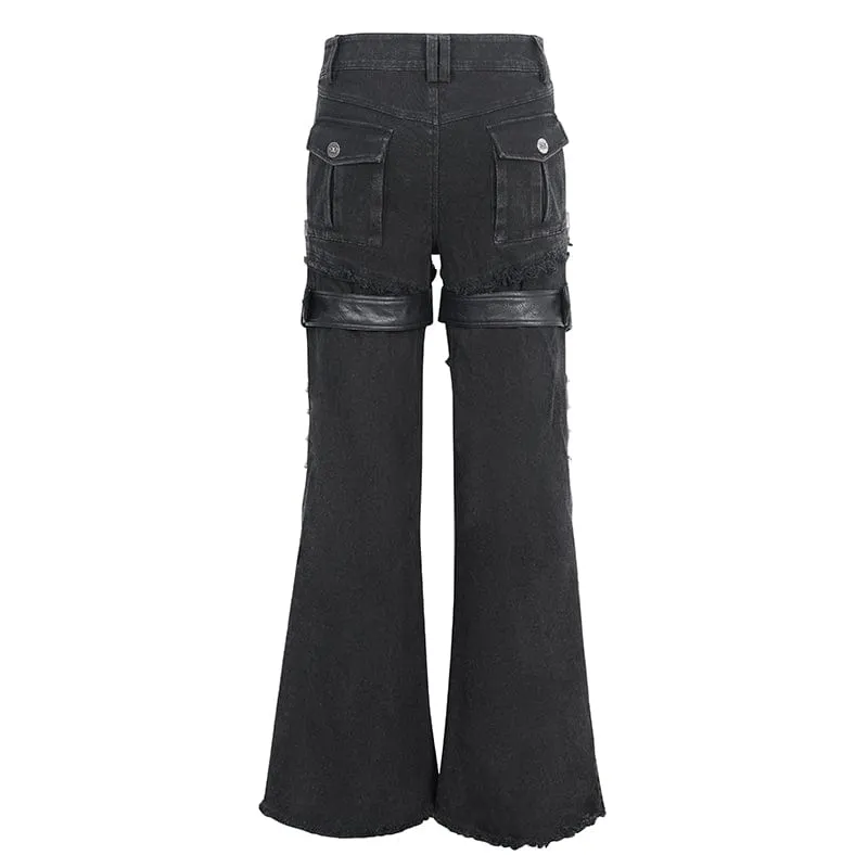 Men's Punk Unedged Faux Leather Splice Flared Pants