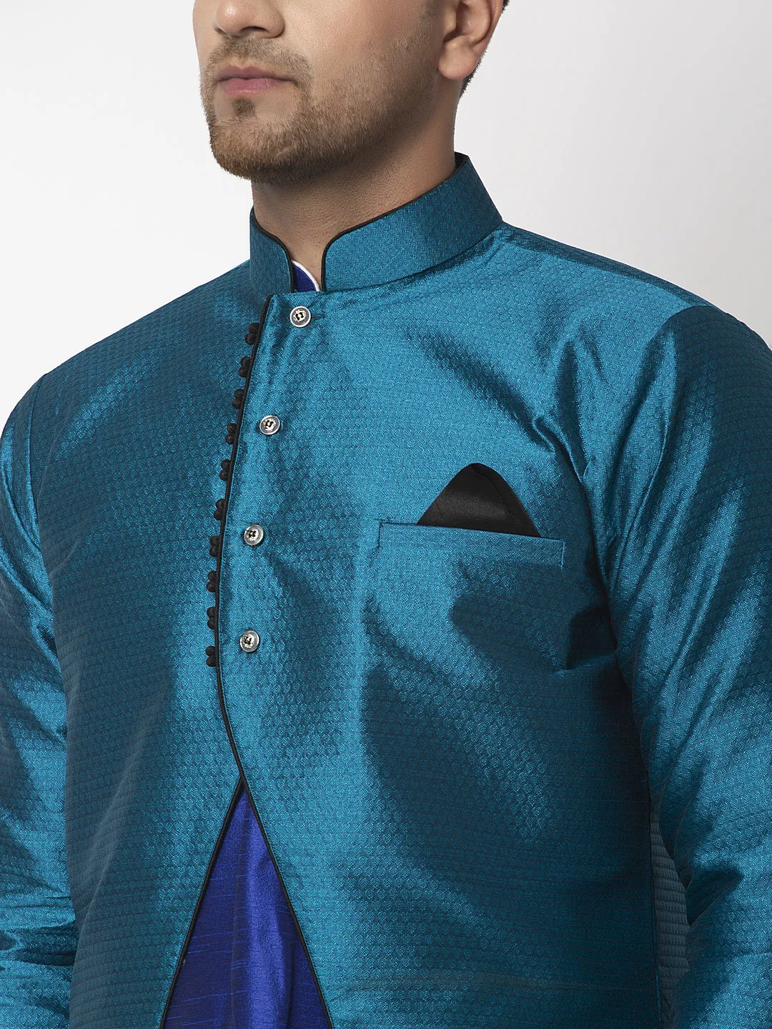 Men's Royal Blue Kurta With Pyjama & Peacock Blue Self Design Jacket - Benstoke