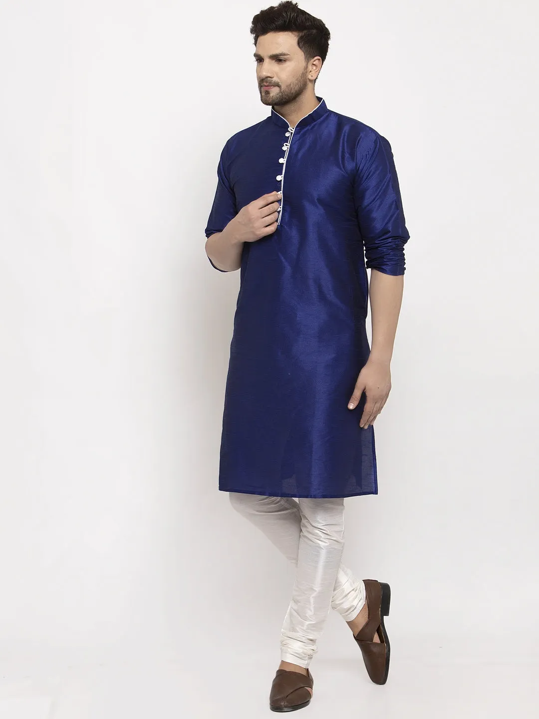 Men's Royal Blue Solid Kurta With White Churidaar Pyjama - Benstoke