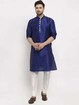 Men's Royal Blue Solid Kurta With White Churidaar Pyjama - Benstoke