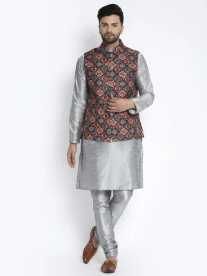 Men's Silk Blend Grey Kurta With Pyjama & Black Printed Nehru Jacket - Benstoke