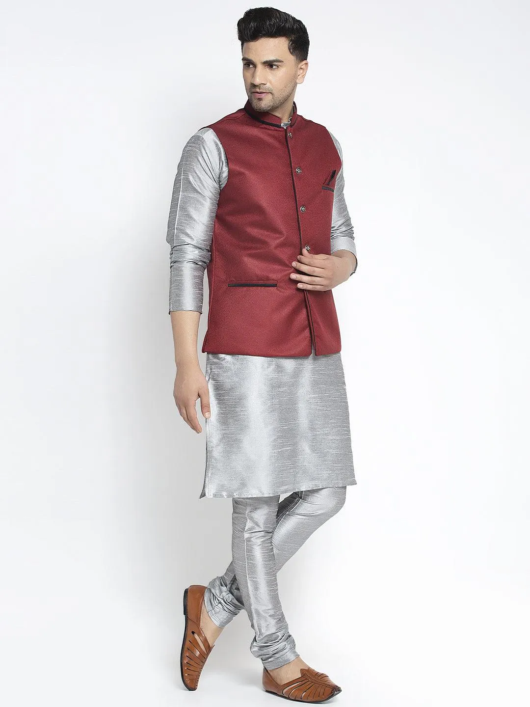 Men's Silk Blend Grey Kurta With Pyjama & Maroon Nehru Jacket - Benstoke