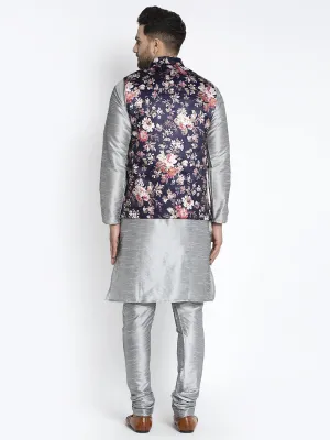 Men's Silk Blend Grey Kurta With Pyjama & Navy Printed Nehru Jacket - Benstoke