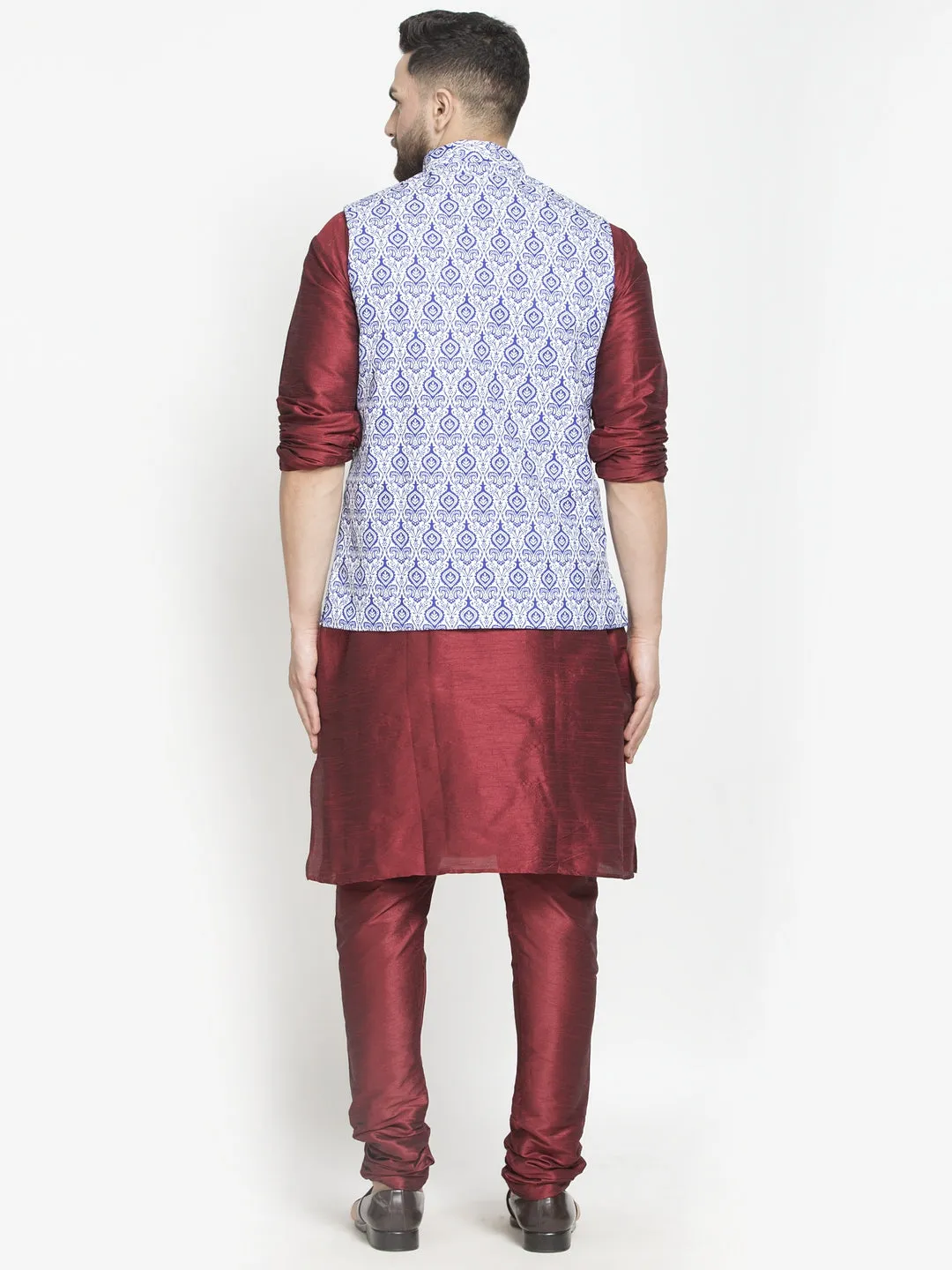 Men's Silk Blend Maroon Kurta With Pyjama & Blue Printed Nehru Jacket - Benstoke