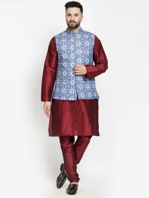 Men's Silk Blend Maroon Kurta With Pyjama & Indigo Blue Printed Nehru Jacket - Benstoke