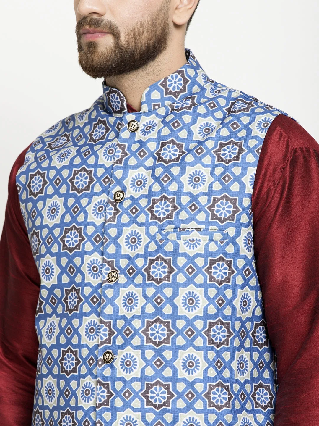 Men's Silk Blend Maroon Kurta With Pyjama & Indigo Blue Printed Nehru Jacket - Benstoke