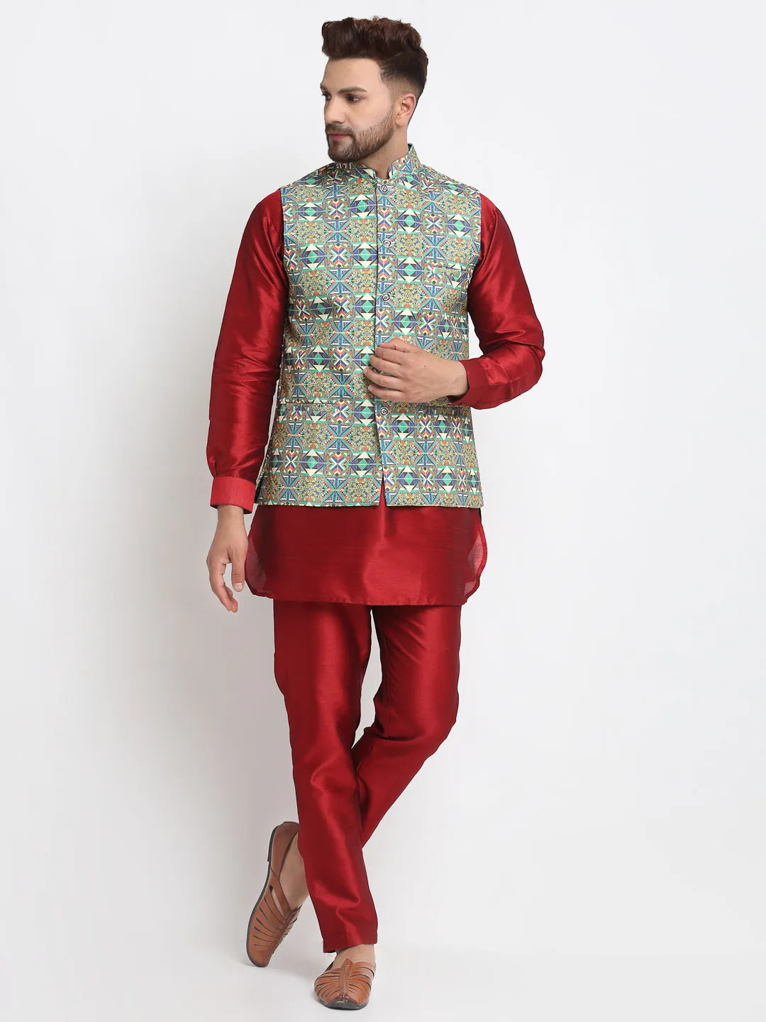 Men's Silk Blend Maroon Kurta With Pyjama & Multi Printed Nehru Jacket - Benstoke