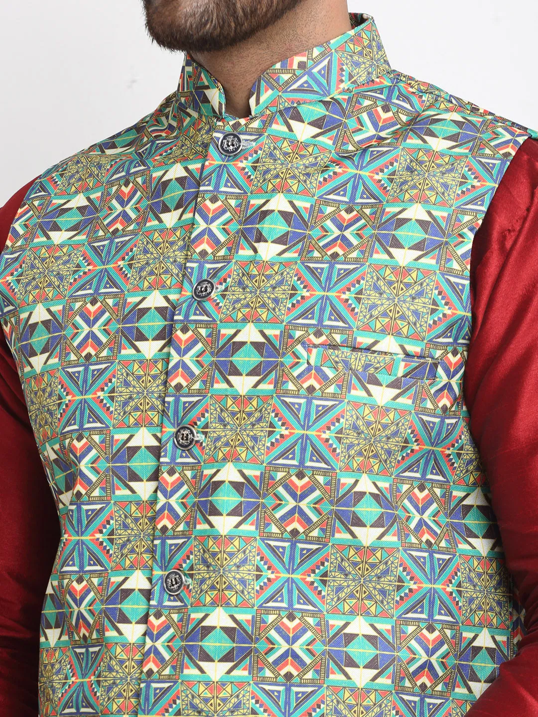 Men's Silk Blend Maroon Kurta With Pyjama & Multi Printed Nehru Jacket - Benstoke