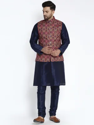 Men's Silk Blend Navy Blue Kurta With Pyjama & Rust Printed Nehru Jacket - Benstoke