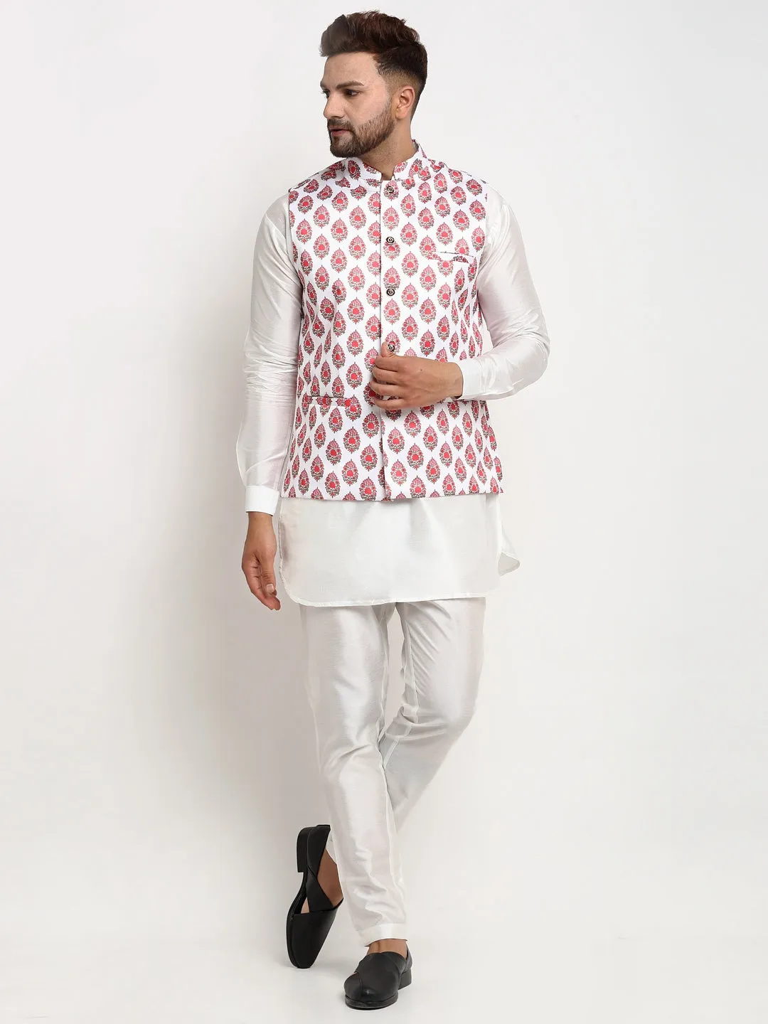 Men's Silk Blend White Kurta With Pyjama & Cream Printed Nehru Jacket - Benstoke