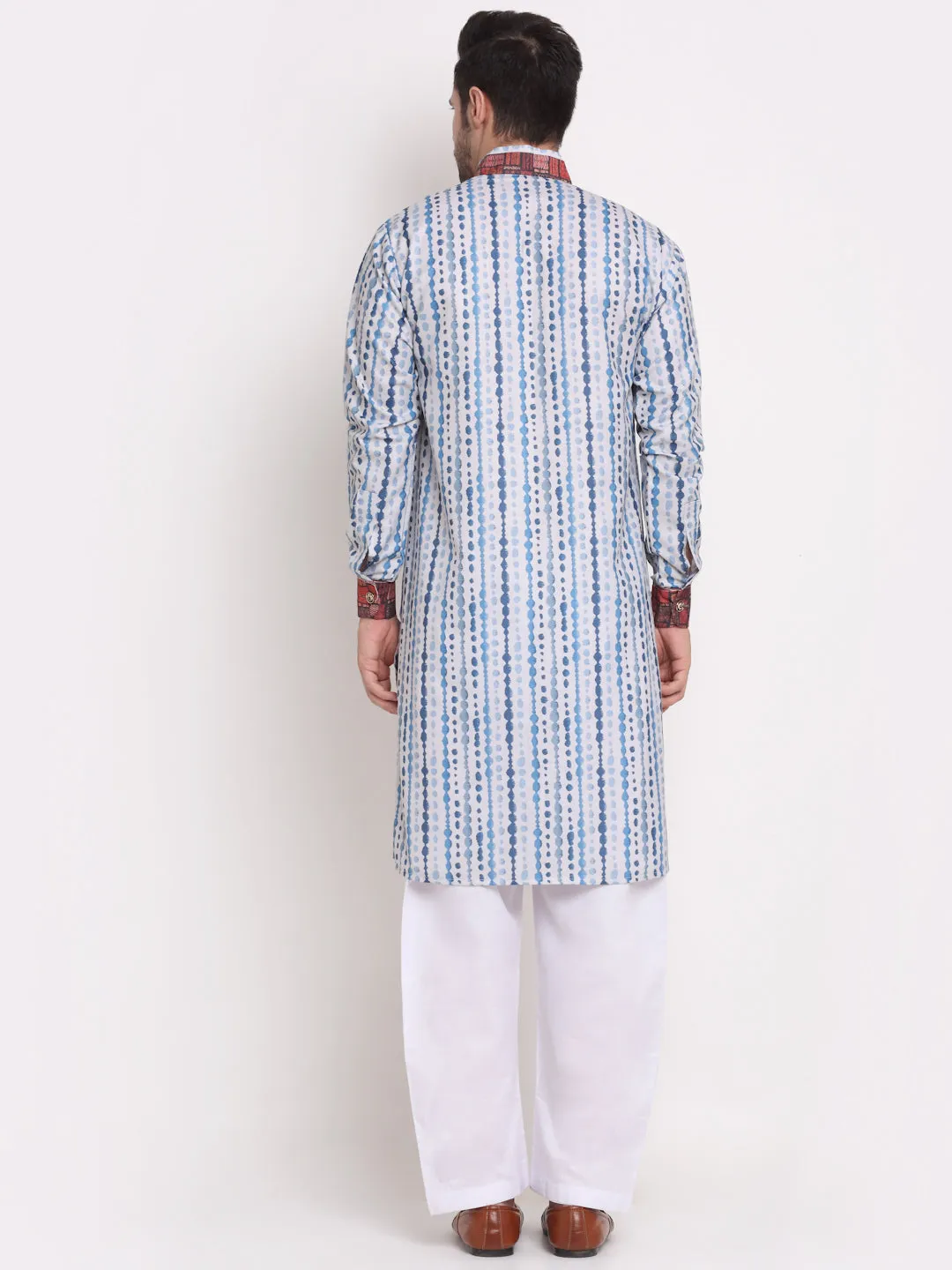 Men's White & Blue Printed Kurta With White Pyjamas Set - Benstoke