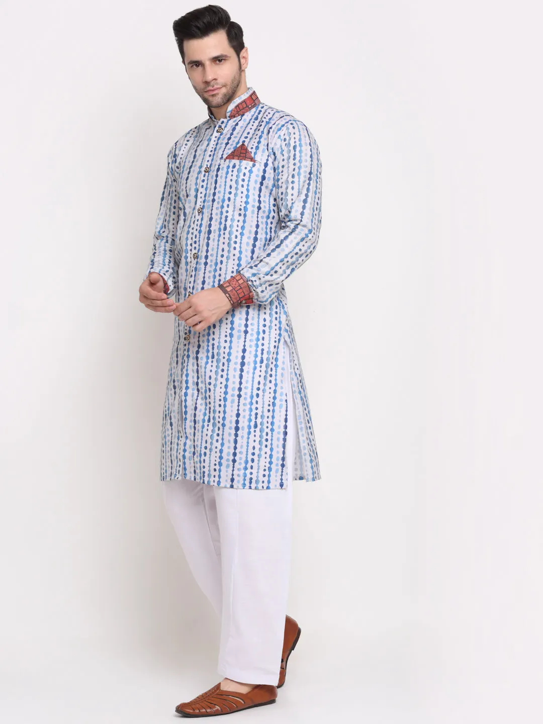 Men's White & Blue Printed Kurta With White Pyjamas Set - Benstoke