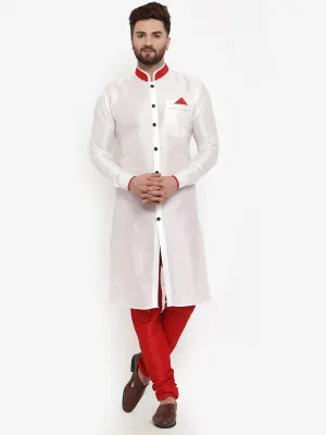 Men's White Solid Kurta With Red Churidaar Pyjama Set - Benstoke