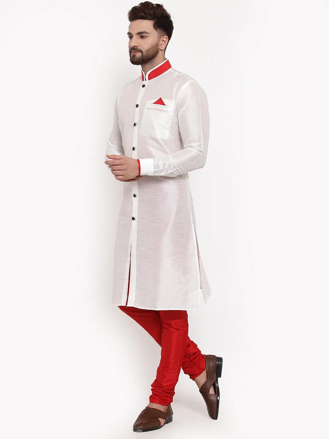 Men's White Solid Kurta With Red Churidaar Pyjama Set - Benstoke