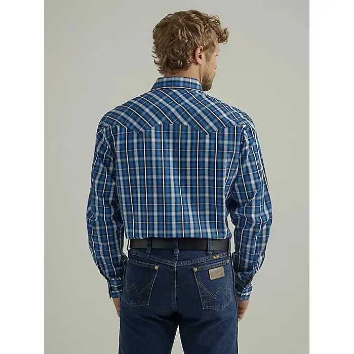 MEN'S WRANGLER LONG SLEEVE FASHION WESTERN SNAP PLAID SHIRT IN STRONG BLUE