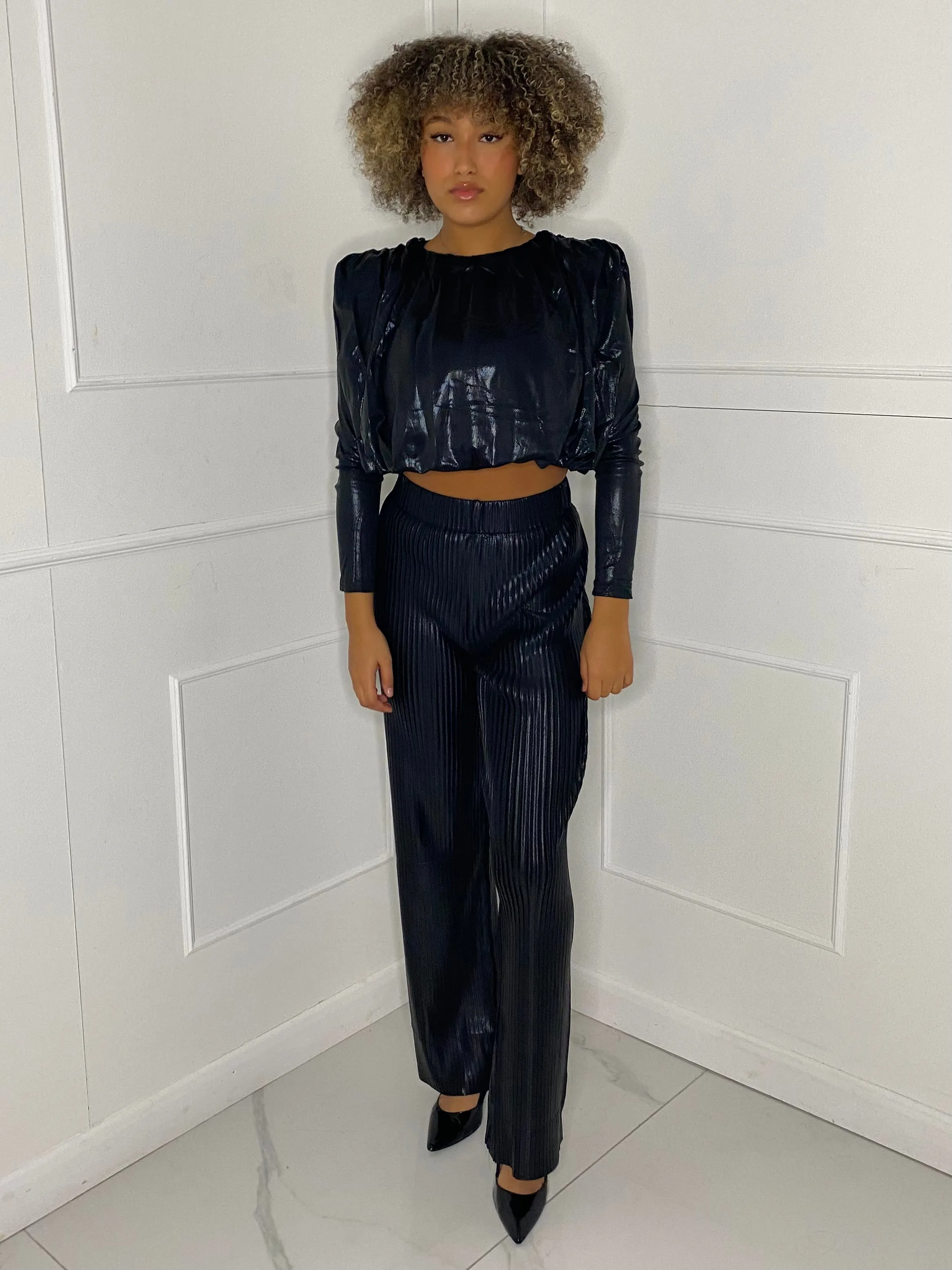 Metallic Look Top & Flares Co-Ord - Black