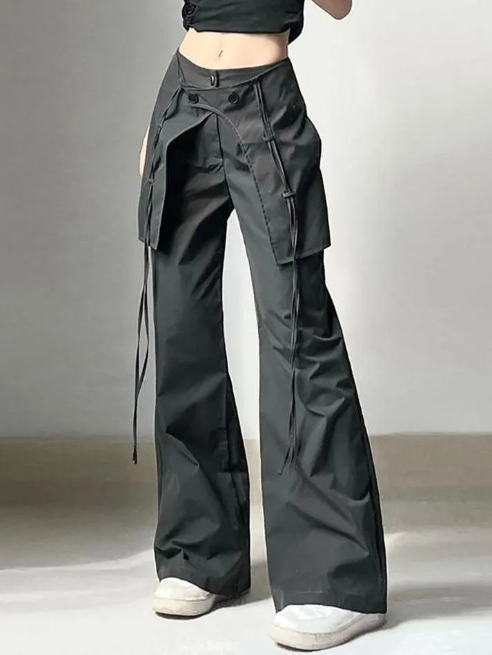 Mid Waist Plain Flared Cargo Pants