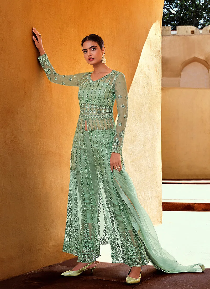 Mint Green Embroidered Slit Style Anarkali Lehenga/Pant Suit