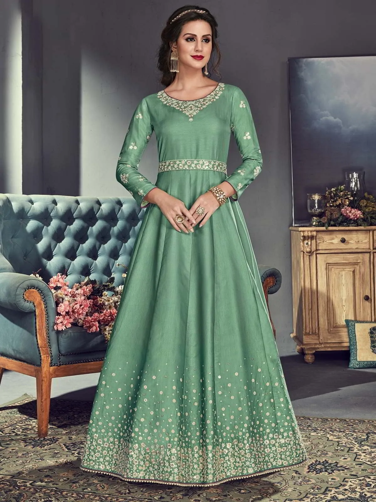 Mint Green Ethnic Embroidered Silk Anarkali Suit