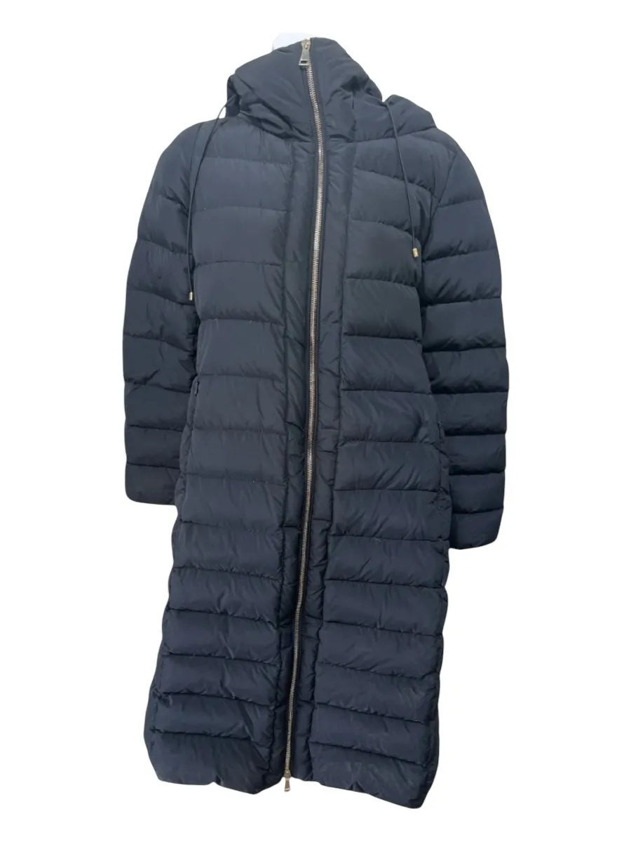 Moncler Size M/L Navy Blue Nylon Quilted Hood Knee High Zip Coat