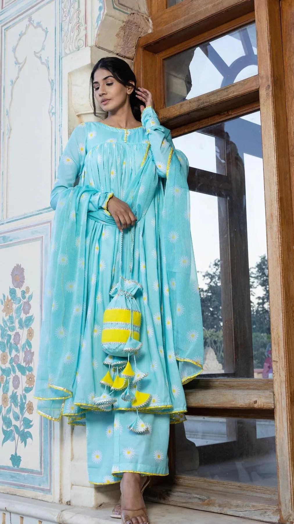 Muslin Blue Flower Print Anarkali Suit Set with Chiffon Dupatta