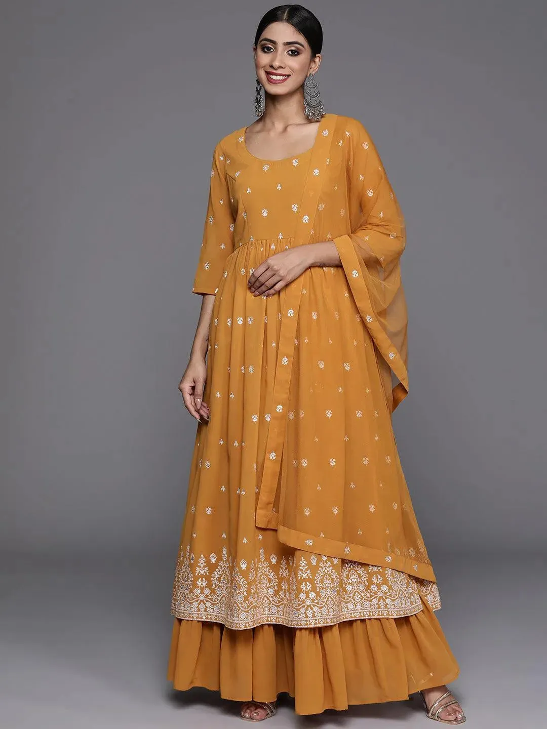 Mustard Printed Georgette A-Line Kurta With Palazzos & Dupatta