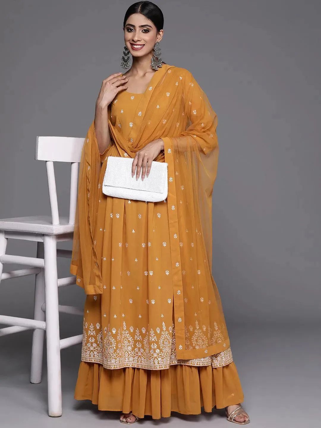 Mustard Printed Georgette A-Line Kurta With Palazzos & Dupatta