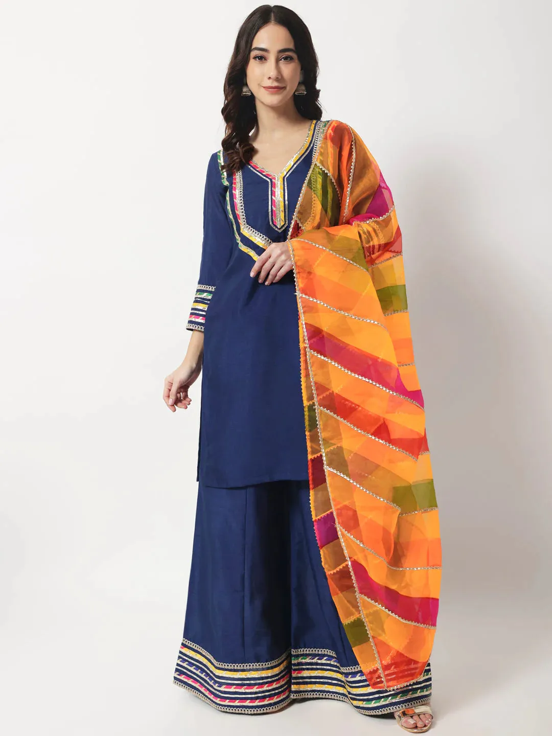 Navy Blue Croma Silk Embellished Kurta with Kalidar Palazzo with Leheriya Oraganza Dupatta