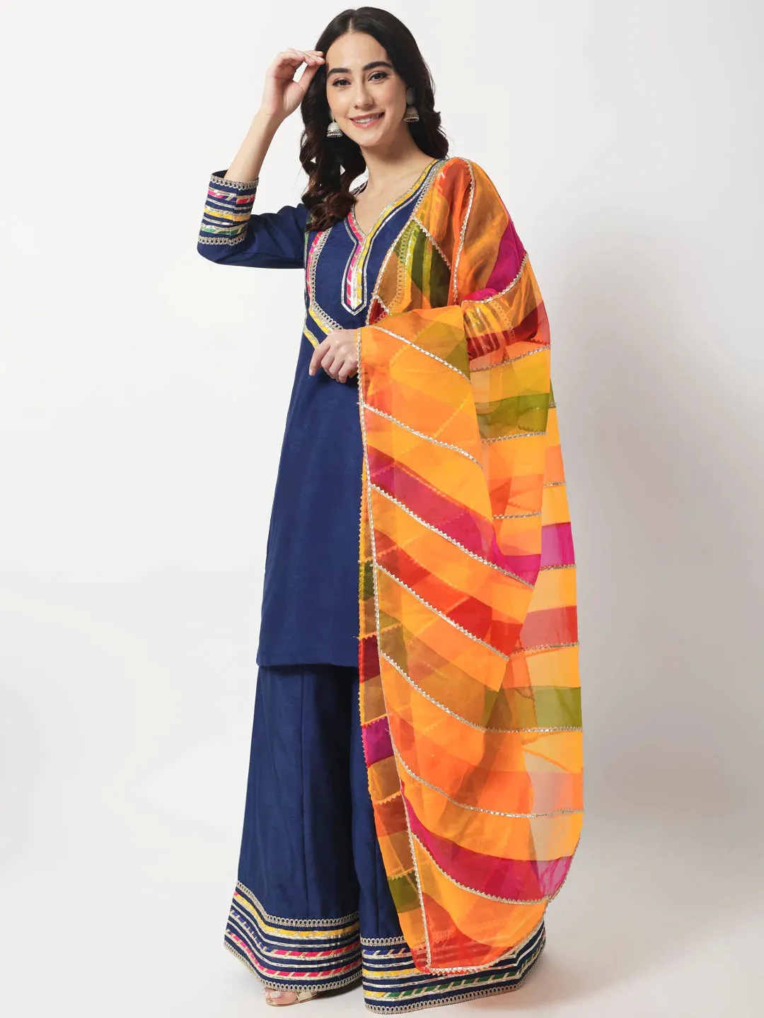 Navy Blue Croma Silk Embellished Kurta with Kalidar Palazzo with Leheriya Oraganza Dupatta