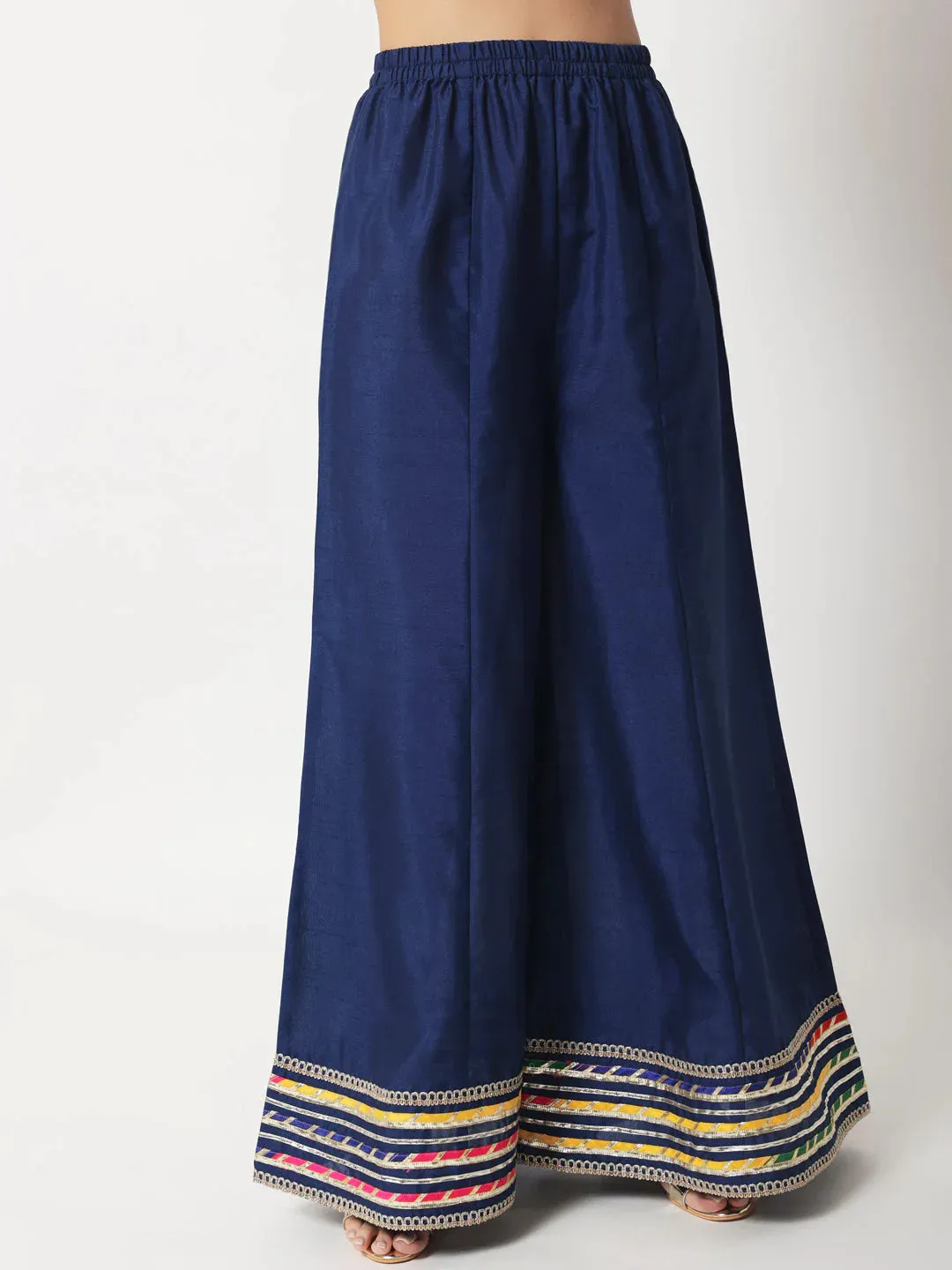 Navy Blue Croma Silk Embellished Kurta with Kalidar Palazzo with Leheriya Oraganza Dupatta